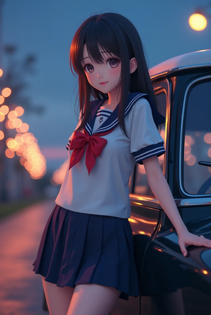 SFW, (Close-up from butt to face) extremely detailed (Schoolgirl leaning on a car) open legs, Perfect face, (PrincessTiara), (Delicate textures of clothing), Sailor uniform with red ribbon, (((white panties))), correct anatomy, perfect hand (4 fingers and a thumb), Corrected fingers, corrected leg to foot line, ((Starry colored lights at dusk)), ((hidden arm) hidden feet), Ultra detailed 8K high quality masterpiece (professional photo: 1.37) (visual acuity: 0.8)