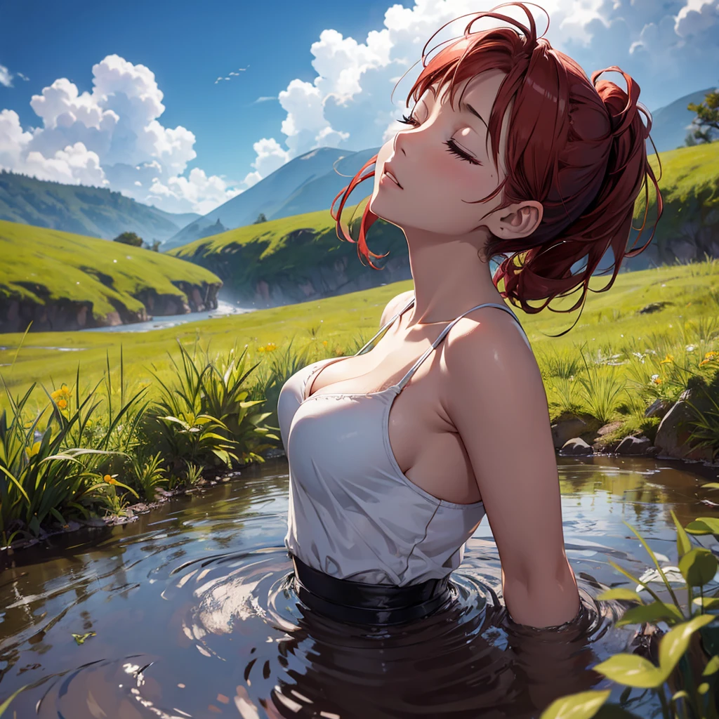 1girl, solo:1.5, masterpiece, best quality, high res, highly detailed, (illustration), beautiful detailed eyes, yuigahama yui, red hair ponytail, glossy lips, light makeup, orgasm, (looking up to the sky:1.5), intimate moment, cute tank top, visible thong underwear, cleavage, (quicksand:1.4), (from side:1.4), bog, swampy, grassy, (eyes closed:1.3), gasping