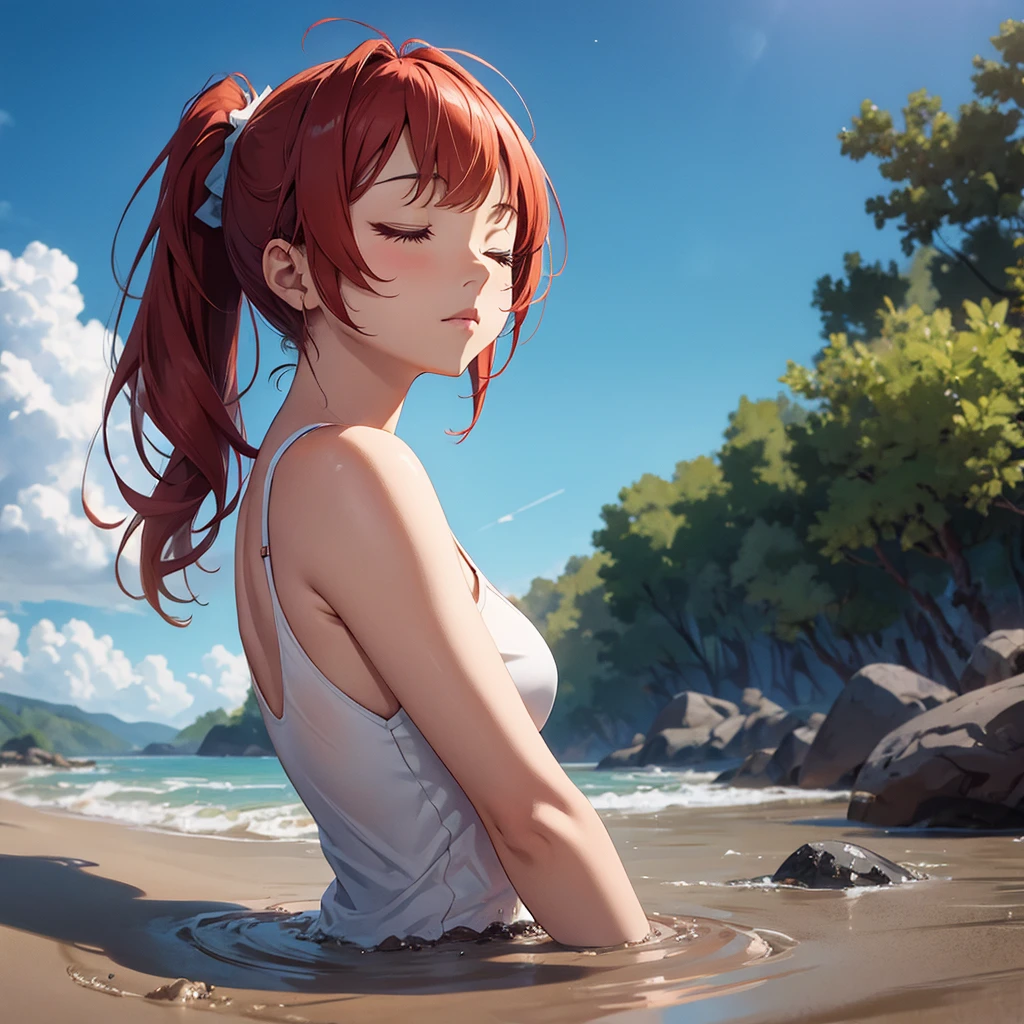 1girl, solo:1.5, masterpiece, best quality, high res, highly detailed, (illustration), beautiful detailed eyes, yuigahama yui, red hair ponytail, glossy lips, light makeup, orgasm, (looking up to the sky:1.5), intimate moment, cute tank top, visible thong underwear, cleavage, (quicksand:1.4), (from side:1.4), bog, swampy, grassy, (eyes closed:1.3), gasping