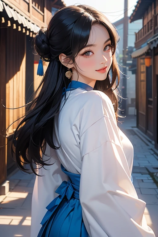 ( High resolution、 Super detailed)、masterpiece、Highest quality、High resolution、8k、Realistic Face、Realistic skin texture、 Amazing clarity、Detailed Anime、-yeld fee、Beautiful Face、Beautiful Face、Pretty lips、Balanced style、Hair styled in a bright-colored round bun、Smiling eyes、Hanfu、Mischievous girl、Walking、look back、Buildings from the Tang Dynasty、Old city streets of China、Cowboy Shot、Detailed Animeアート、Detailed CG、