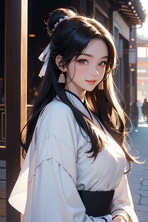 ( High resolution、 Super detailed)、masterpiece、Highest quality、High resolution、8k、Realistic Face、Realistic skin texture、 Amazing clarity、Detailed Anime、15-year-old female、Beautiful Face、Beautiful Face、Pretty lips、Balanced style、Hair styled in a bright-colored round bun、Smiling eyes、Hanfu、Mischievous girl、Walking、look back、Buildings from the Tang Dynasty、Old city streets of China、Cowboy Shot、Detailed Animeアート、Detailed CG、