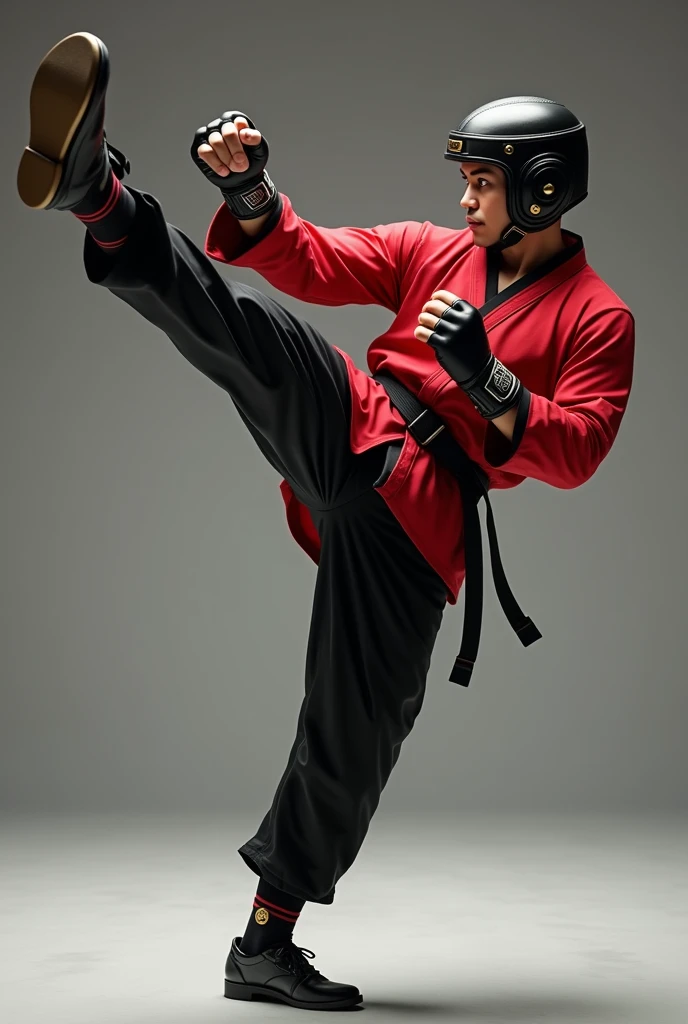 (photorealism:1.2), Man kicking high side with red shirt, black belt, black sport pants with black stripes, with gloves on his hands, kickers on his feet and helmet on his head.
