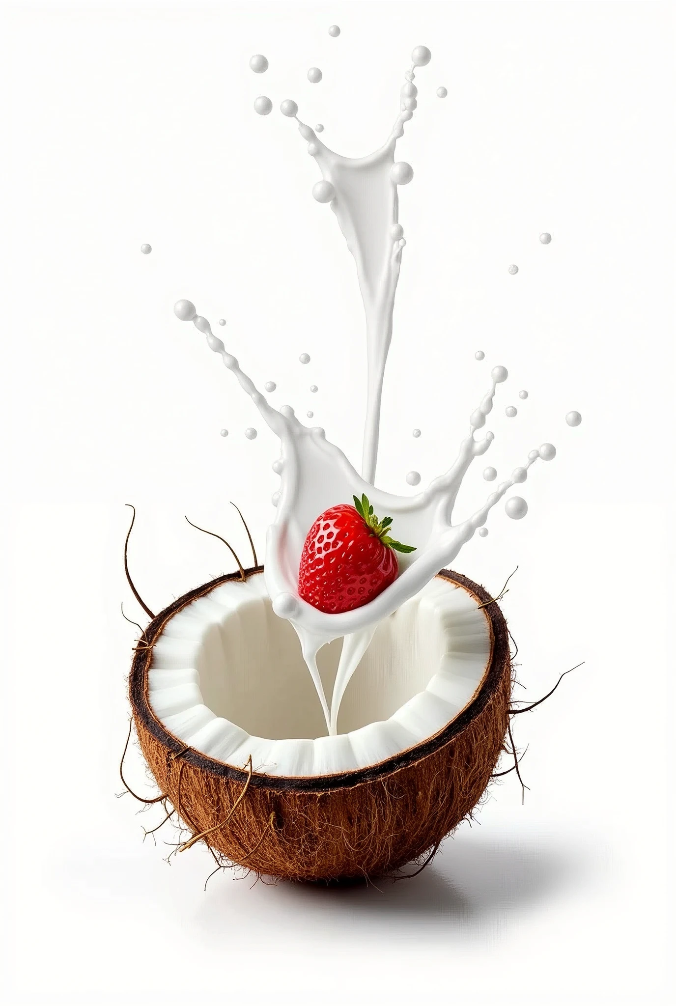 A dark brown, round coconut with a rough texture, cracked open to reveal its white, juicy interior, set against a pure white background. A vibrant red strawberry is captured mid-air, falling towards the open coconut. The strawberry is about to make contact with the coconut's interior, with droplets of milk or juice splashing upwards as the impact happens. The image should be highly detailed, focusing on the texture of the coconut, the freshness of the strawberry, and the dynamic motion of the splash, all against a clean, white background.