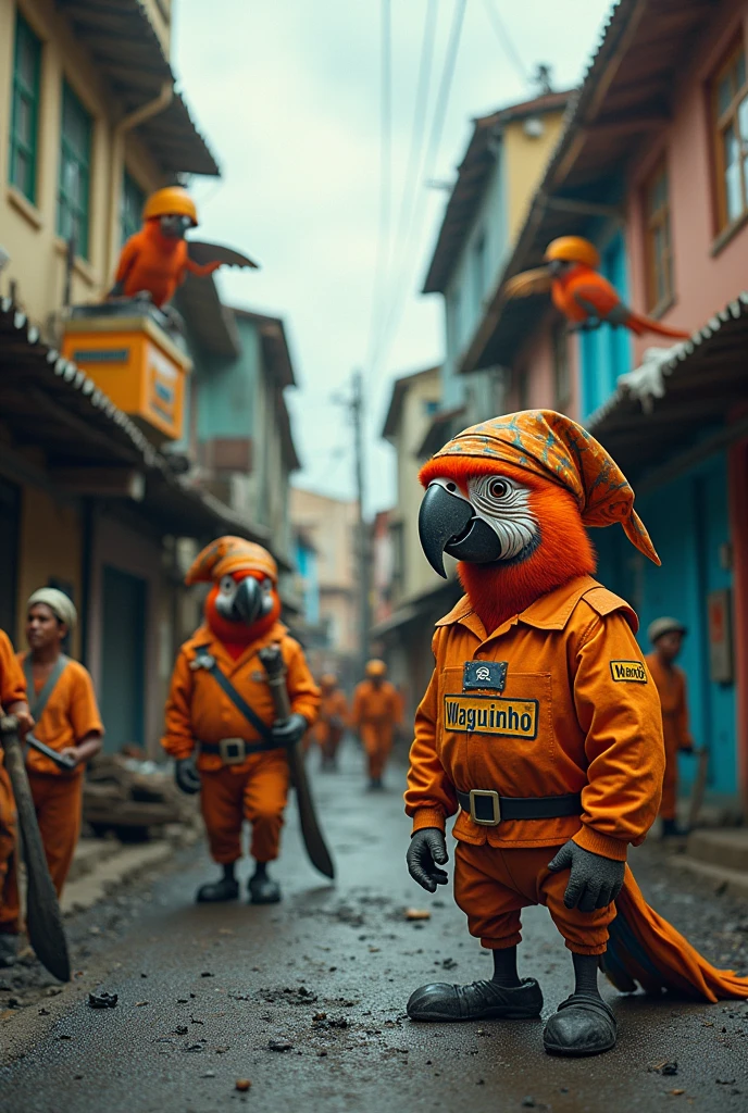 Image of a street in a Brazilian favela in Rio de Janeiro with men working with asphalt, with several parrots dressed as pirates wearing orange suits with the name Waguinho