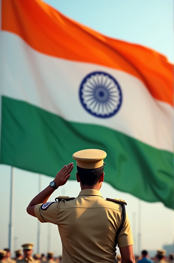 A police office salute indian flag with name suraj