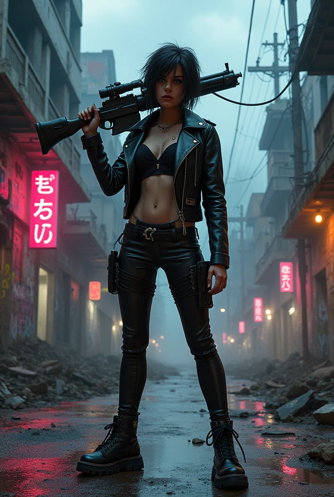 A cool, confident girl with a rebellious attitude, standing in an urban, post-apocalyptic environment. She has short, messy hair, a fierce expression, and is casually shouldering a giant, futuristic weapon. Her outfit is a mix of cyberpunk and street style, with neon accents, leather, and metallic details. The background is a gritty cityscape with crumbling buildings, graffiti-covered walls, and flickering neon signs. The sky is dark and ominous, with a few beams of light cutting through the clouds. The atmosphere is tense, with a sense of impending action, and the scene is filled with small details like scattered debris, smoldering ruins, and distant city lights