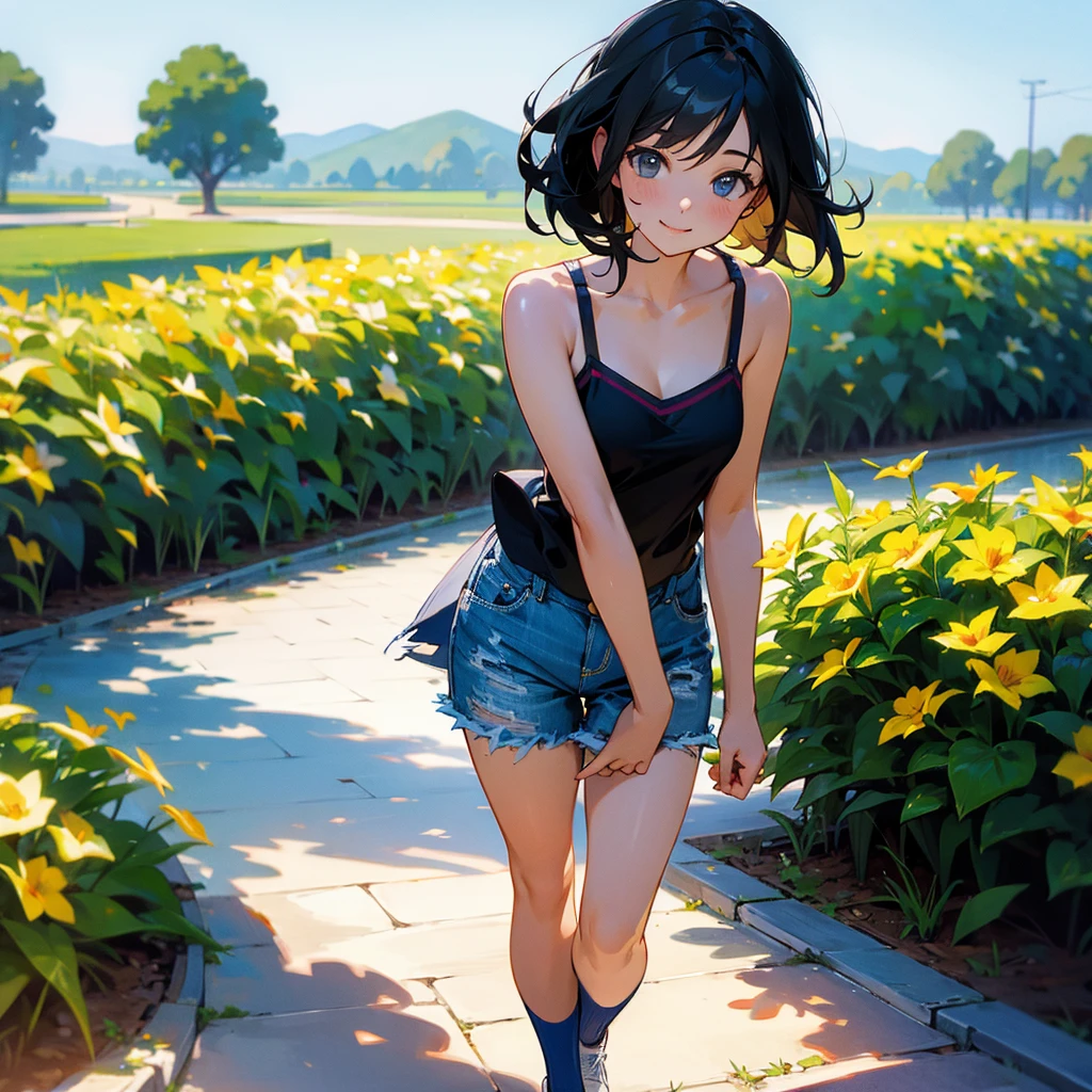 (high quality, High resolution, Very detailed, reality:1.37), Peaceful atmosphere, (Outdoor, garden), age girl standing alone, (my breasts are big.), Beautiful details, Cute Smile, (Black bob hair), camisole, denim shorts, Blue socks, sneakers.