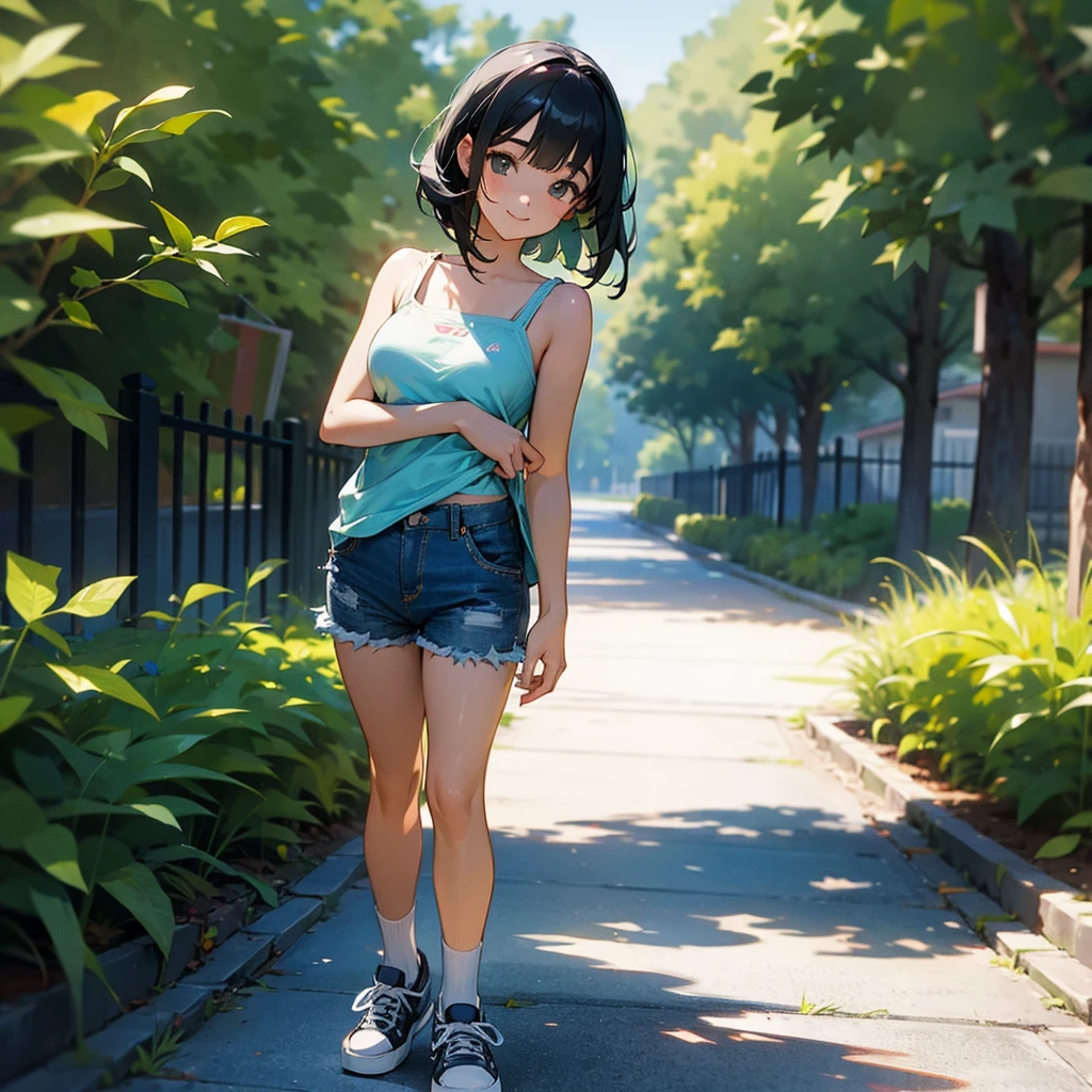 (high quality, High resolution, Very detailed, reality:1.37), Peaceful atmosphere, (Outdoor, garden), girl standing alone, (my breasts are big.), Beautiful details, Cute Smile, (Black bob hair), camisole, denim shorts, Blue socks, sneakers.