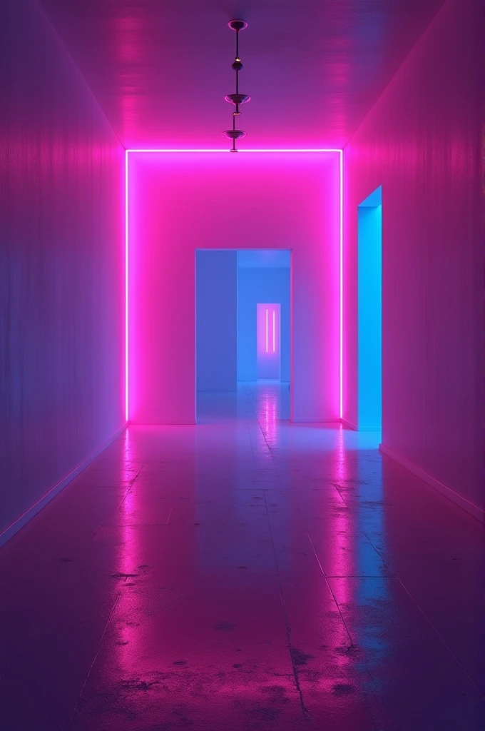 Shades of purple, pink and dark blue. Neon lights. Empty party room, monochromatic floor. A single door in the background.
