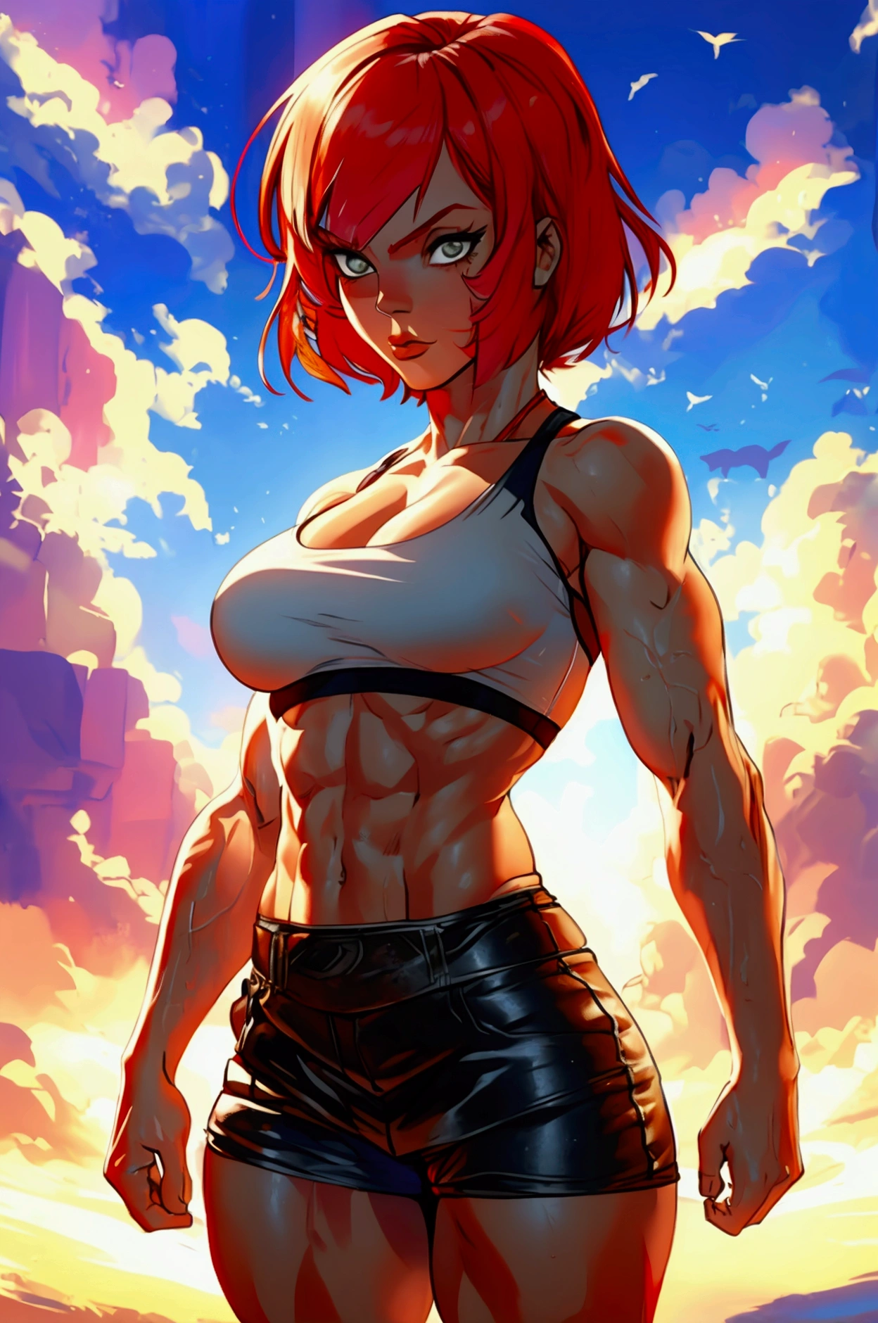 Marisa, 26 years old woman, 6'8" height, weight 269 pounds, short red hair, bulky muscular body, sports bra, leather shorts and tights, small breasts, big biceps, big ass, realistic, masterpiece