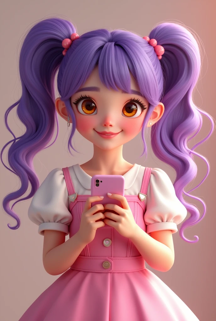 A 16 year old girl, white with Korean and Latino features, white. Purple hair wearing a two ponytail hairstyle, smiling and holding a phone, wearing a cute pink dress, orange eyes