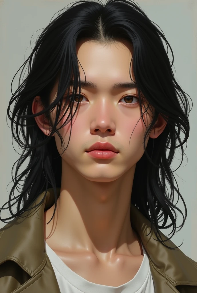 Gipsy, fair-skinned young man, long dark hair, not very sensual, thin lips, slim, big eyes and small, separated eyebrows, broad face 