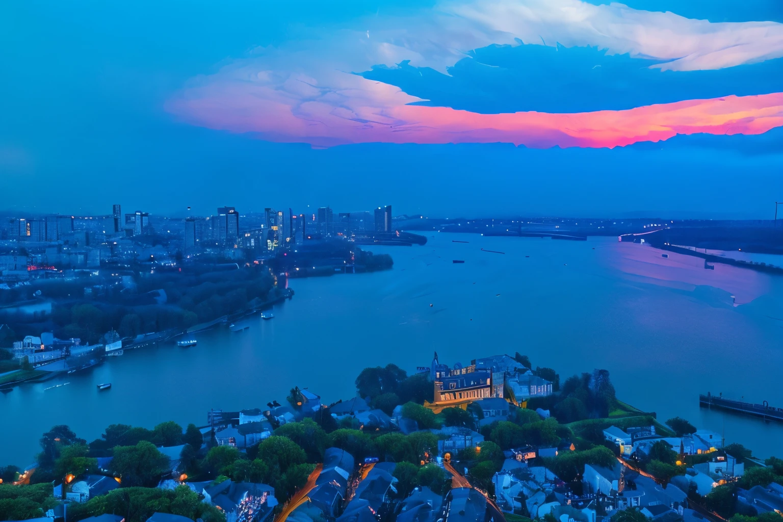 arafed view of a City with a river and a bridge, At sunrise, City twilight landscape, Shoot in the morning, Photos taken during Blue Hour, Blue Hour Photography, Wide-angle lens, At sunrise, twilight City on the background, night, City, Sun rise，RAW，uhd，8k，Detailed Details，Best quality，Perfect color matching，Cinematic atmosphere，Masterpieces shot by international photography masters，National Geographic Photography Award Winners，Red clouds fill the sky，Tyndall effect