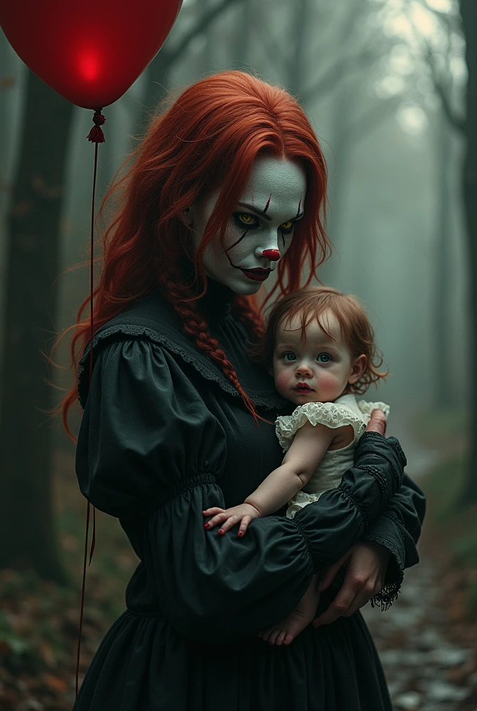 A female Pennywise with pale skin, long, wavy red hair and black streaks., black and red clothes,yellow eyes,a red balloon,with a in her arms