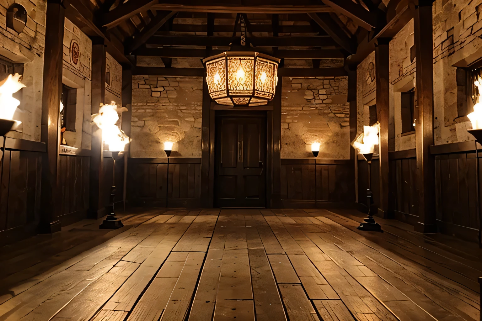 Dark circle medieval fantasy round Gladiator arena interior wooden floor torches on the walls