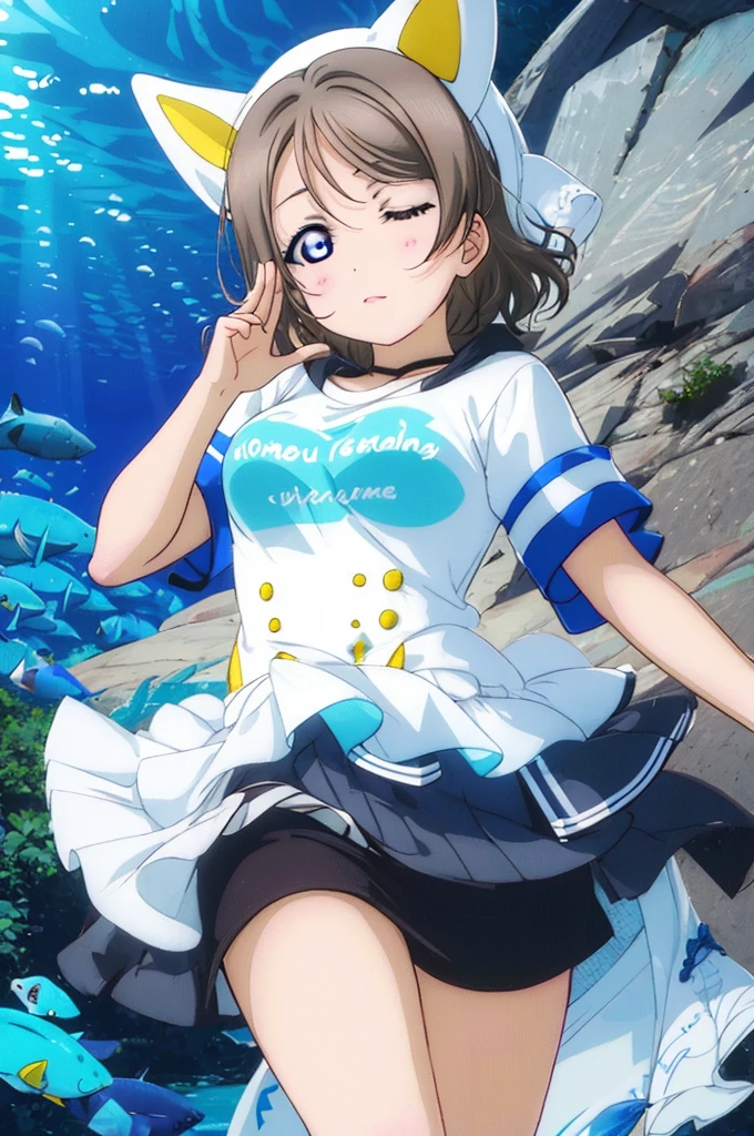 （（Watanabe Yo））,Gray Hair,Large Breasts、White T-shirt,Underwater world,Sleeping (masterpiece:1.2), Highest quality, High resolution, Highly detailed face, Highly detailed CG, (（Perfect hands, ）),