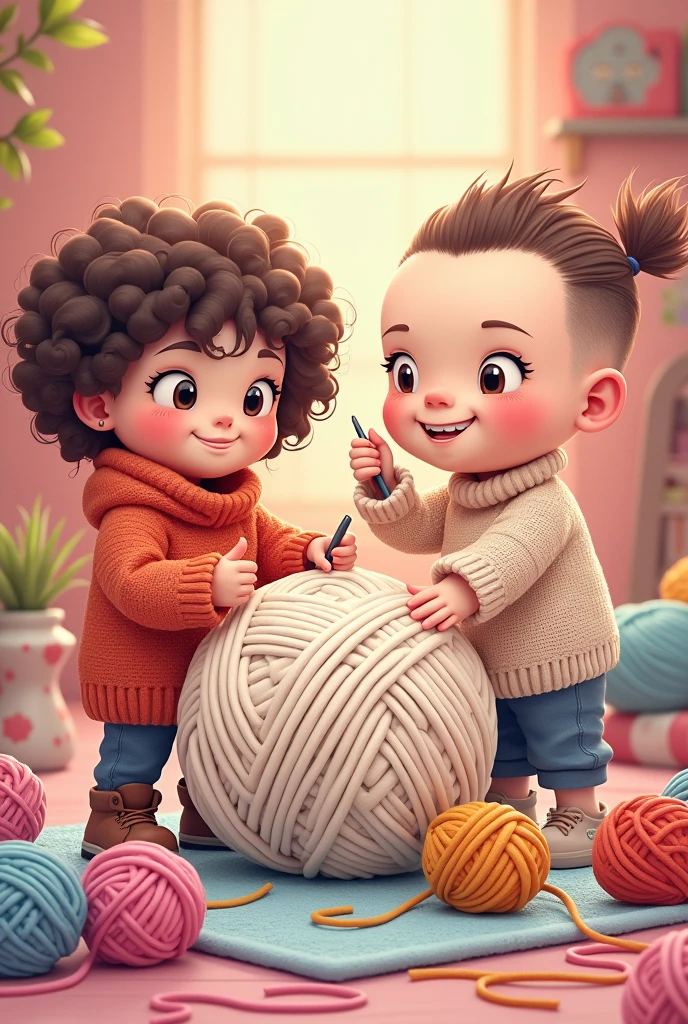 Chibi drawing of a crochet business with a chubby, curly-haired teenage girl and a skinny boy with a low fade hairstyle in anime style, with a giant ball of yarn in the center for a custom logo with a title "crochet makers"
