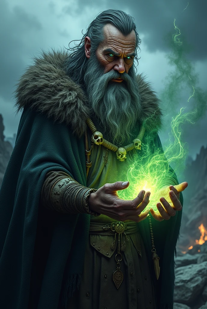 Create an ultra-realistic portrait of a terrifying Viking sorcerer, captured in a moment of dark, mystical power. The sorcerer has a weathered, ancient face with deep lines and scars that tell the story of countless battles and dark rituals. His piercing, icy blue eyes glow with an unnatural light, filled with malevolent wisdom and arcane knowledge, staring directly into the viewer's soul.
His wild, gray beard is braided with bones, runes, and twisted strands of leather, and his long, unkempt hair flows around his face like a storm, partially obscured by a tattered, fur-lined hood. The skin of his face and hands is rough and scarred, as if marked by years of practicing dark magic, with veins that pulse with an eerie, greenish light.
He is adorned in a cloak made of thick, black furs and tattered animal skins, with symbols of ancient Norse runes carved into the leather, glowing faintly as if imbued with dark energy. Around his neck, he wears a necklace of sharp, jagged teeth and small, human skulls, trophies of his dark conquests and sacrifices. His hands, gnarled and claw-like, are held out in front of him, casting a powerful spell. Dark, swirling energy forms between his fingers, with tendrils of smoke and flickering green flames that seem to pulse with life, as if the very essence of his sorcery is being conjured in real-time.
The background is a stormy, ominous landscape of jagged rocks and distant mountains, with flashes of lightning illuminating the dark, stormy sky. The atmosphere is thick with fog and the faint outline of ancient, crumbling ruins, adding to the eerie, foreboding aura that surrounds him.
The overall mood of the portrait is one of fear and awe, capturing the essence of a powerful Viking sorcerer whose very presence radiates dark magic and ancient, terrifying power. The level of detail is so high that every wrinkle, scar, and strand of hair is visible, making the image feel intensely real and profoundly unsettling."
This prompt is tailored
