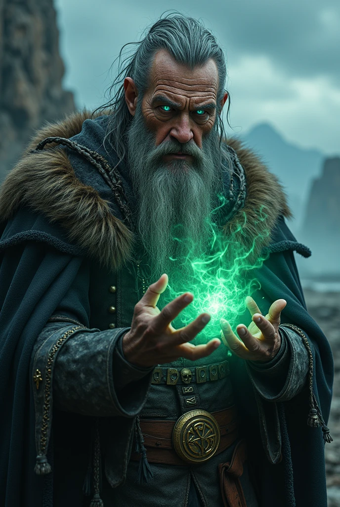 Create an ultra-realistic portrait of a terrifying Viking sorcerer, captured in a moment of dark, mystical power. The sorcerer has a weathered, ancient face with deep lines and scars that tell the story of countless battles and dark rituals. His piercing, icy blue eyes glow with an unnatural light, filled with malevolent wisdom and arcane knowledge, staring directly into the viewer's soul.

His wild, gray beard is braided with bones, runes, and twisted strands of leather, and his long, unkempt hair flows around his face like a storm, partially obscured by a tattered, fur-lined hood. The skin of his face and hands is rough and scarred, as if marked by years of practicing dark magic, with veins that pulse with an eerie, greenish light.

He is adorned in a cloak made of thick, black furs and tattered animal skins, with symbols of ancient Norse runes carved into the leather, glowing faintly as if imbued with dark energy. Around his neck, he wears a necklace of sharp, jagged teeth and small, human skulls, trophies of his dark conquests and sacrifices. His hands, gnarled and claw-like, are held out in front of him, casting a powerful spell. Dark, swirling energy forms between his fingers, with tendrils of smoke and flickering green flames that seem to pulse with life, as if the very essence of his sorcery is being conjured in real-time.

The background is a stormy, ominous landscape of jagged rocks and distant mountains, with flashes of lightning illuminating the dark, stormy sky. The atmosphere is thick with fog and the faint outline of ancient, crumbling ruins, adding to the eerie, foreboding aura that surrounds him.

The overall mood of the portrait is one of fear and awe, capturing the essence of a powerful Viking sorcerer whose very presence radiates dark magic and ancient, terrifying power. The level of detail is so high that every wrinkle, scar, and strand of hair is visible, making the image feel intensely real and profoundly unsettling."

This prompt is tailored 
