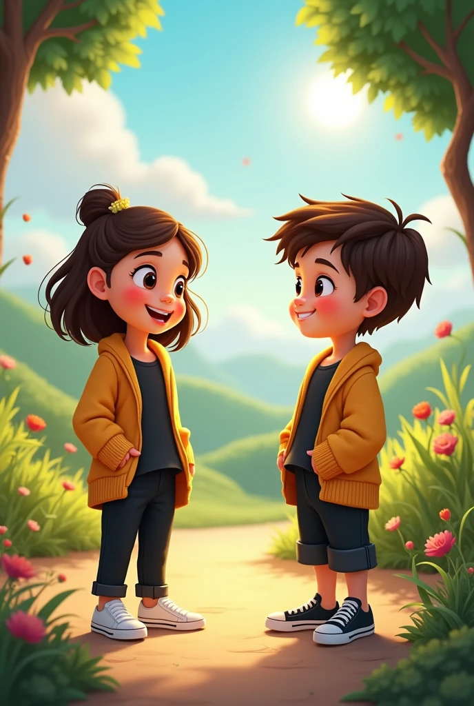 Create a Disney style girl and boy, with an open lead-colored sweater and a black t-shirt inside, black pants, White tennis