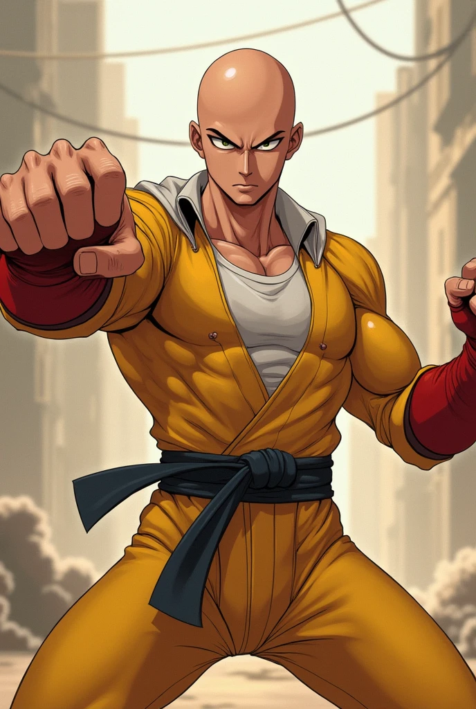 Absurd resolution, high resolution, (masterpiece: 1.4), hyperdetail, 1boy, young man, one-punch man, Saitama, fight, detail masculine body, clean shave, bald. yellow outfit.