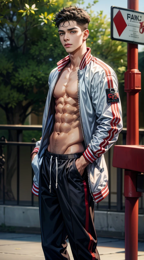 Muscular black boy, shirtless with hands in pockets, jogger pants Wearing an open varsity jacket