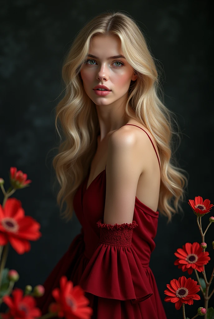 generate book cover: young attractive blonde woman, dark red dress, black background. ultra realistic skin, realistic blonde hair, beautiful, perfect, 4k, detailed, lights effect, cinema, great lighting, photography, great quality. flowers around. long hair.