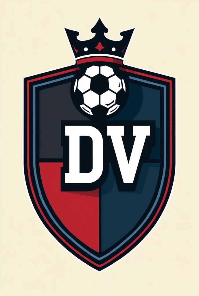 football shield with black colors, Red and blue with the initials DV, with a soccer ball in the center of the top and with a crown, all in 2D


