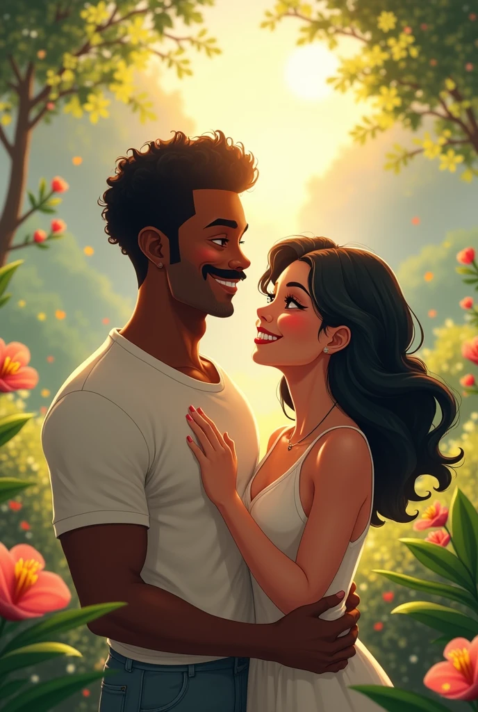 couple, handsome dark-skinned man, 34 years, with a mustache, low curly hair, strong bodie, white woman with black shoulder-length hair, full cheek apple, pretty, age 25, Round face, eye large,both happy in a beautiful place 