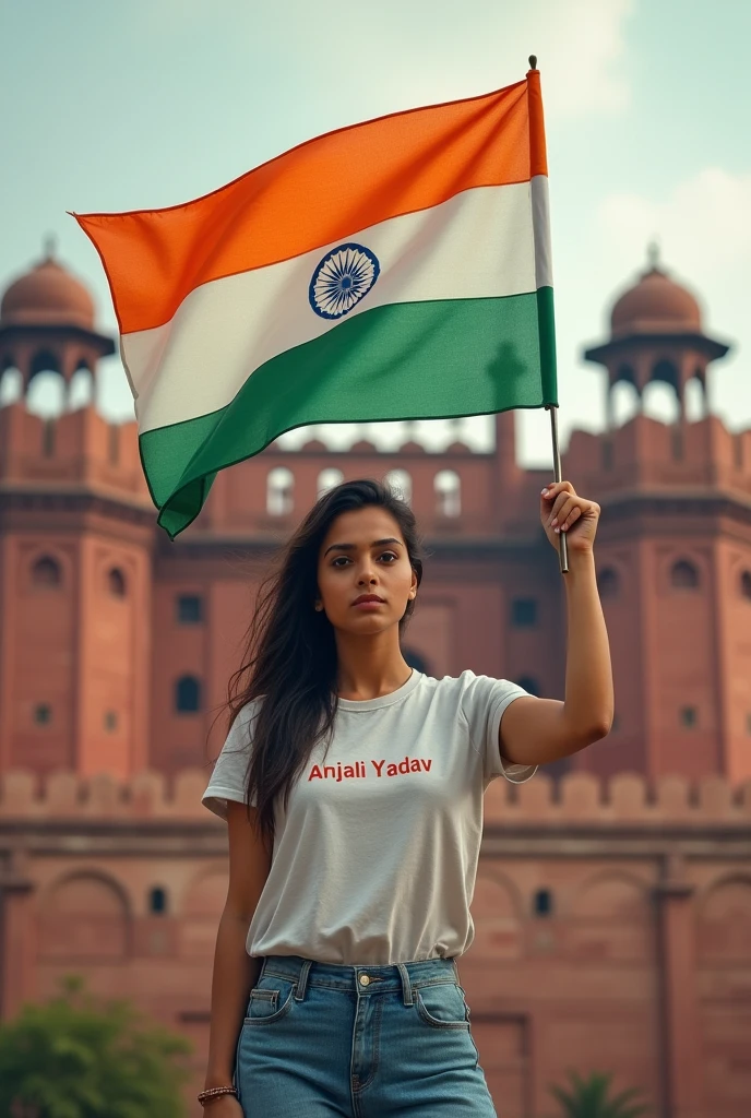 A adult girl is standing facing forward in front of the Red Fort, holding the Indian tricolor in her hand and wearing a shirt with Anjali Yadav written on the front