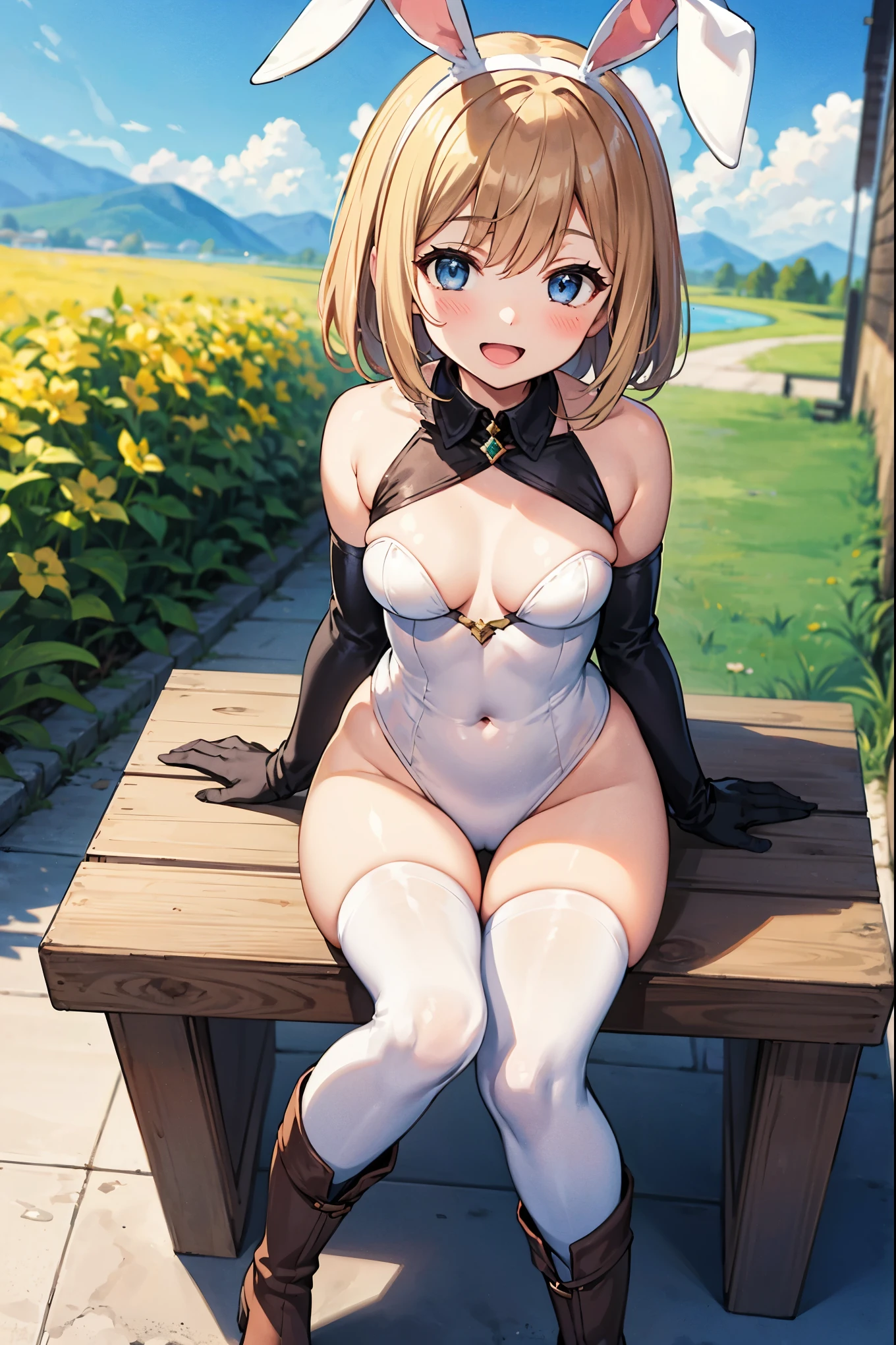 GRANBLUEfantasy,1young_teen_ girl,brown_hair,medium_bob_hair,platina_blond_hair,white_leotard,covered_crotch,thigh-highs,smile,standing,bluesky_landscape_background,slightly_spread_legs,happiness, short_gloves ,solo, r18, navel,relicbuster,short,boots,open_mouth,sitting,knees,blush,shy,bunny_ears