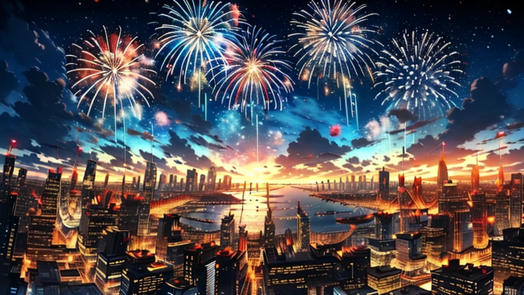 Skysky, fire works, NOhumans, scenecy, clouds, exteriors, natta, cloud sky, inverted image, nigh sky, stele(Skysky), Eau, the sunset, horizon, starrysky, the ocean,mutiple fireworks,Grand fireworks,Spectacular fireworks display. The fireworks are huge