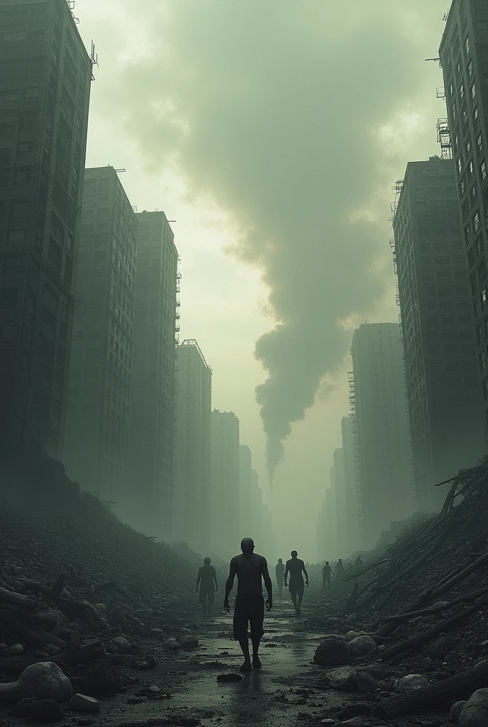 A post-apocalyptic environment, with the sky filled with smoke, a destroyed city, with zombies all around.
