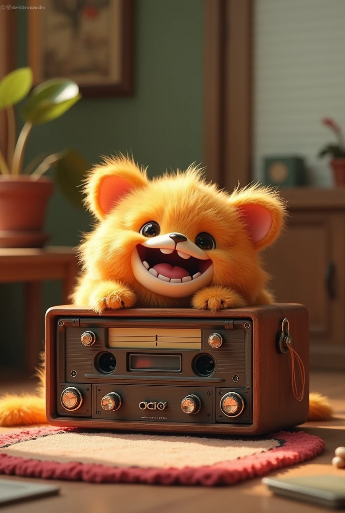 A cassette player, fluffly, Grinning, front and back