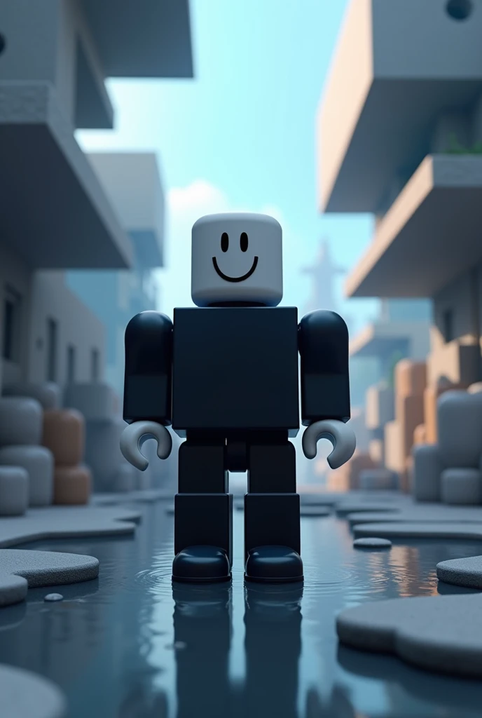 ROBLOX player with black block arms and black block legs and his white head is a cylinder and he is looking at the camera