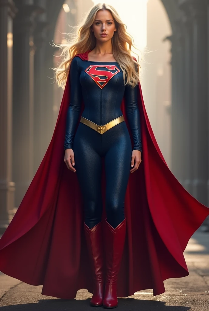 (((Gaia Weiss under the mantle of the Kryptonian Kara Zor-El aka Supergirl long blonde hair Red corset suit and blue leggings with red boots red cape)))