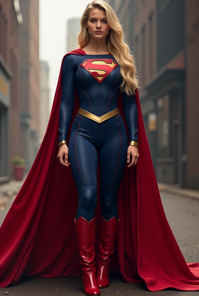 (((Gaia Weiss under the mantle of the Kryptonian Kara Zor-El aka Supergirl long blonde hair Red corset suit and blue leggings with red boots red cape)))