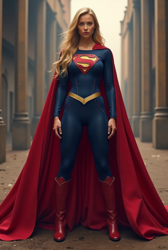 (((Gaia Weiss under the mantle of the Kryptonian Kara Zor-El aka Supergirl long blonde hair Red corset suit and blue leggings with red boots red cape)))