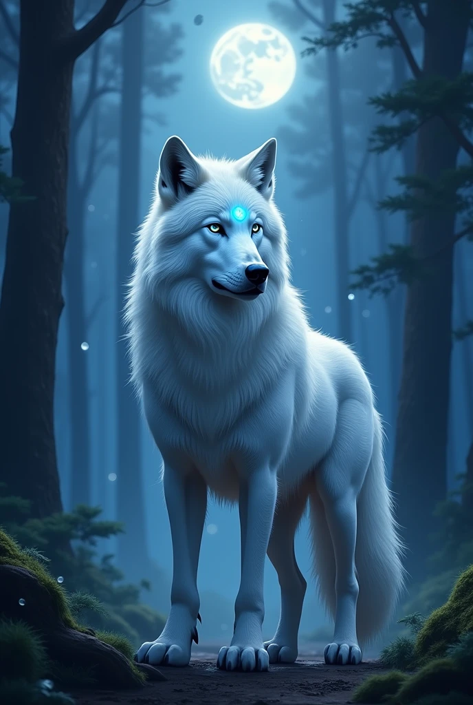 An adult wolf with white fur standing in a forest at night with a moon on his forehead and eyes glowing blue with his tail
