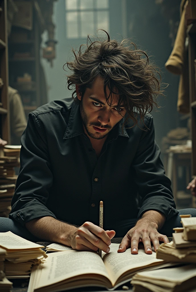I need a young man practicing theater in a crazy and sick way, with scripts stacked up, books everywhere, lots of costumes, it shows that the young man is not mentally well