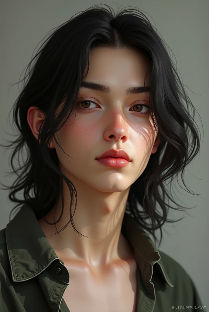 Gipsy, fair-skinned young man, long dark hair, not very sensual, thin lips, slim, big eyes and small, separated eyebrows, long face woman 