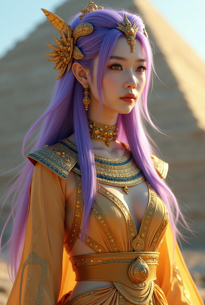 Korean butterfly woman with purple hair and headphones,wearing golden pharaoh's clothes and a pyramid background,fully body,fully body