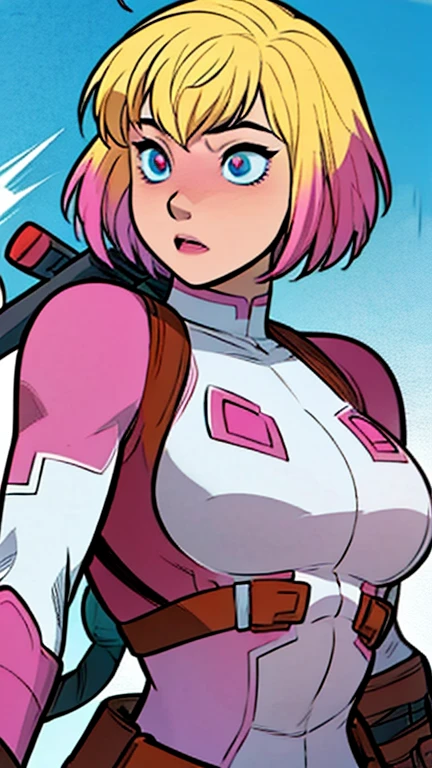 Gwenpool has large breasts and she has a cute face and she has blonde hair with pink on the end of her hair 