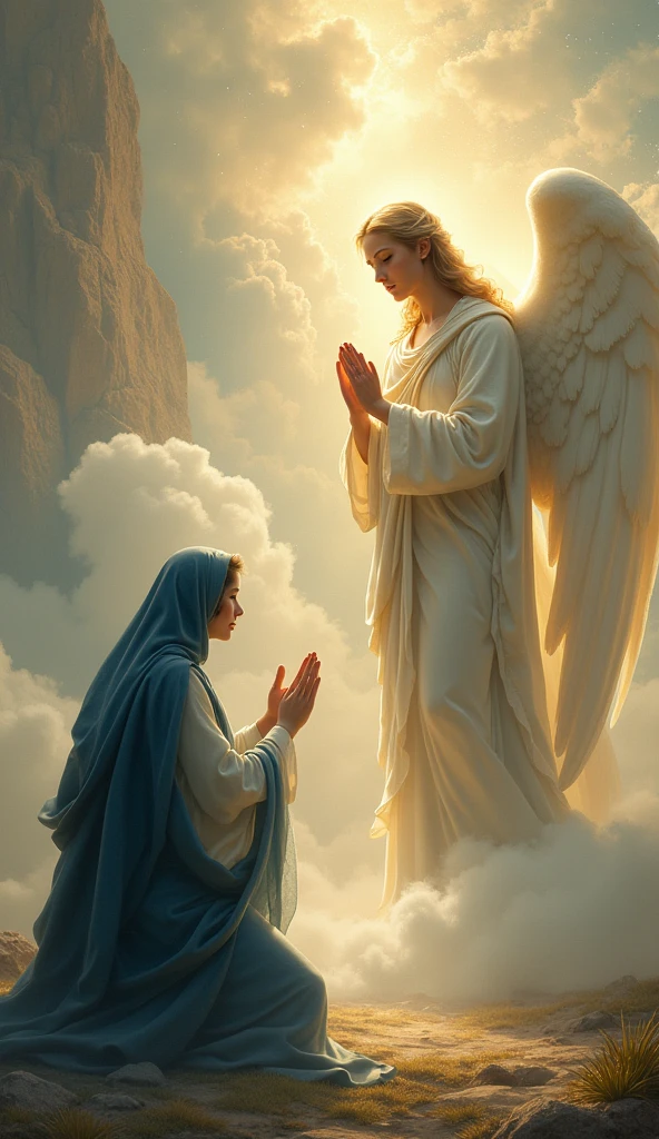The Virgin Mary kneeling before a beautiful angel