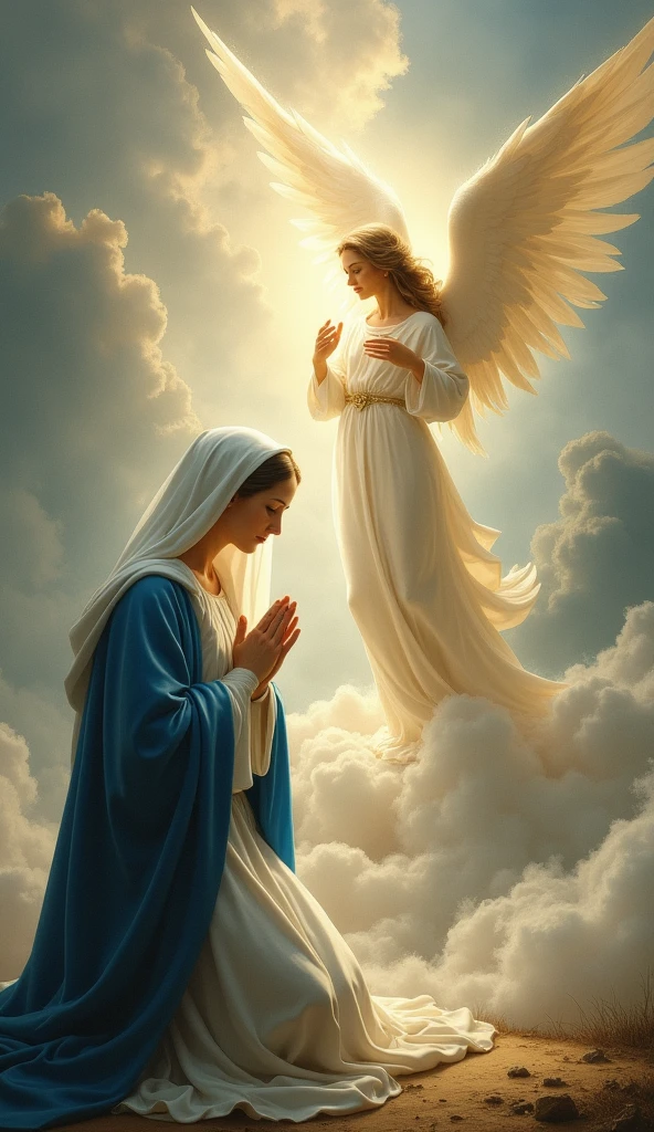 The Virgin Mary kneeling before a beautiful angel