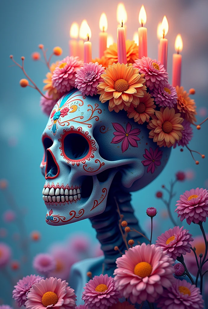 Sugar skull profile with candles in the shape of a crown and marigold flowers in pastel colors