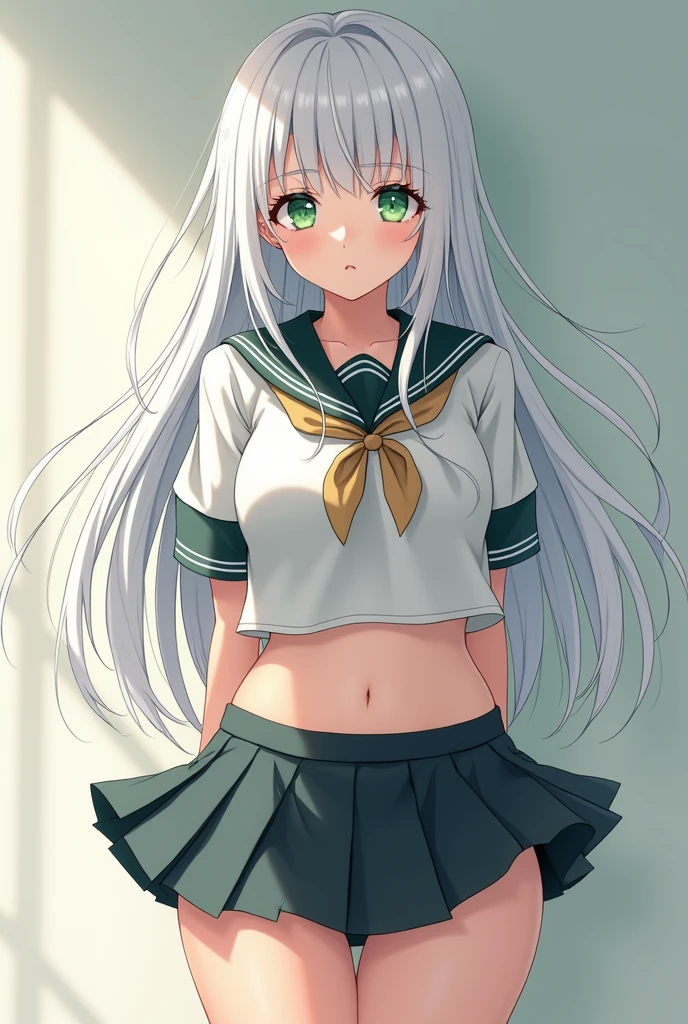 White haired anime girl with a bit of pink,green eyes with big tits and wide thighs, dressed as a schoolgirl in a miniskirt showing off her black panties