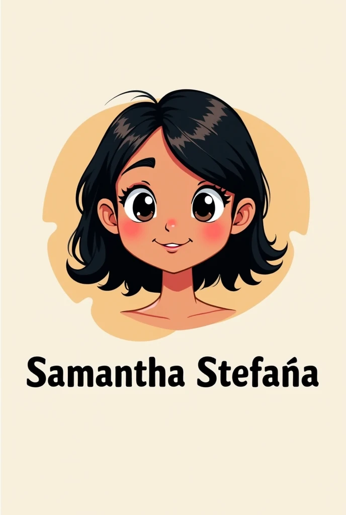 I need a girl with black shoulder-length hair, brown skin, and a logo that says Samantha Stefanía. It should be animated, chubby-cheeked, and for a logo.