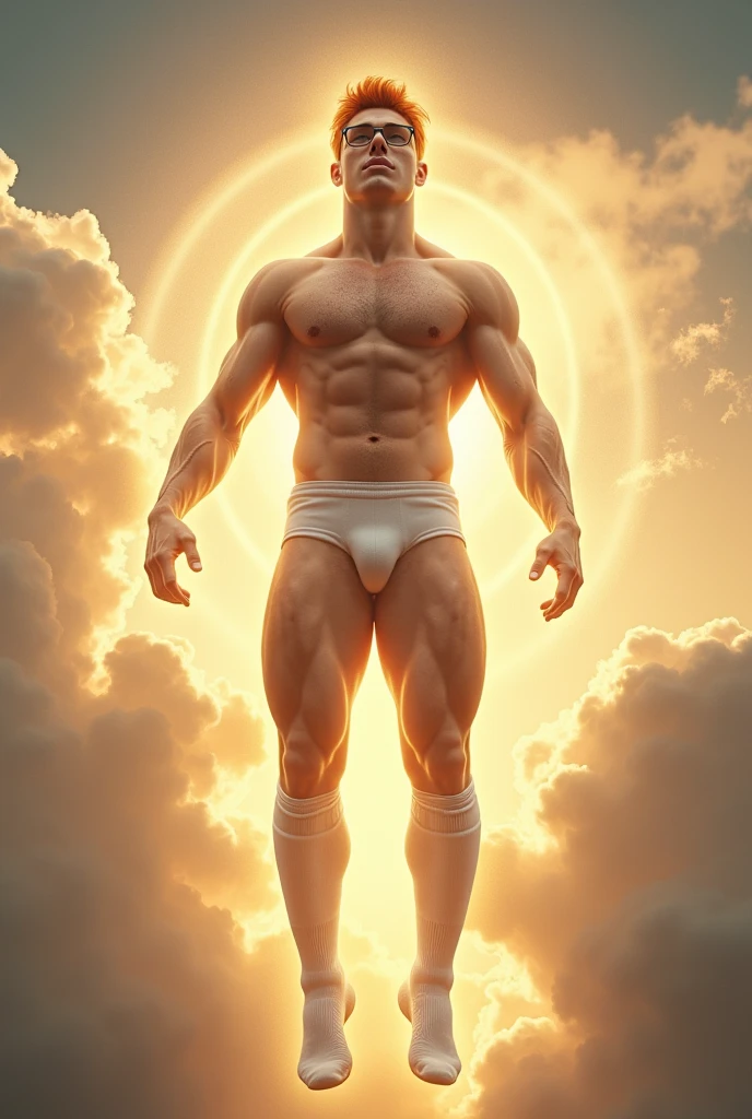 A handsome 20 year old boy, redhead with freckles and who wears glasses that possesses divine musculature where the muscles of his entire body are enormous.
He is well-shaven..
The muscles in his legs and thighs are larger than those of his torso, and he's wearing extra-long white soccer socks that go all the way up to his thighs. He's levitating in the sky surrounded by a halo of golden light that surrounds his entire divine body..