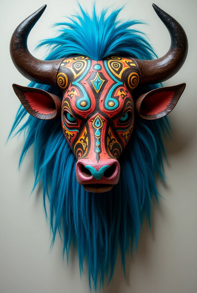 Mysterious colorful tribal scary buffalo mask with nose piercing, chocolate and long blue hair